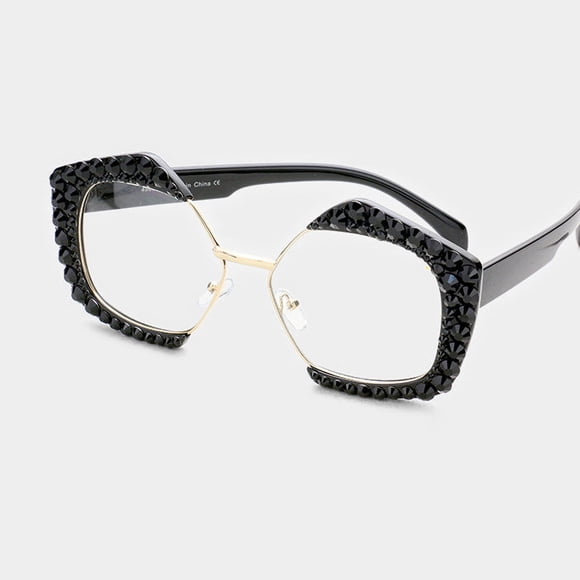Black Jet Black Crystal Embellished Detail Pentagon Clear Lens Sunglasses I