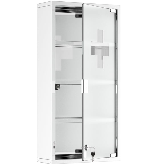 Medicine Cabinet With Locking Feature, Stainless Steel, 4 Shelves, 12"x24", Silver Interior Tier Shelves Meds Compartment, Silver, Wall Mounted