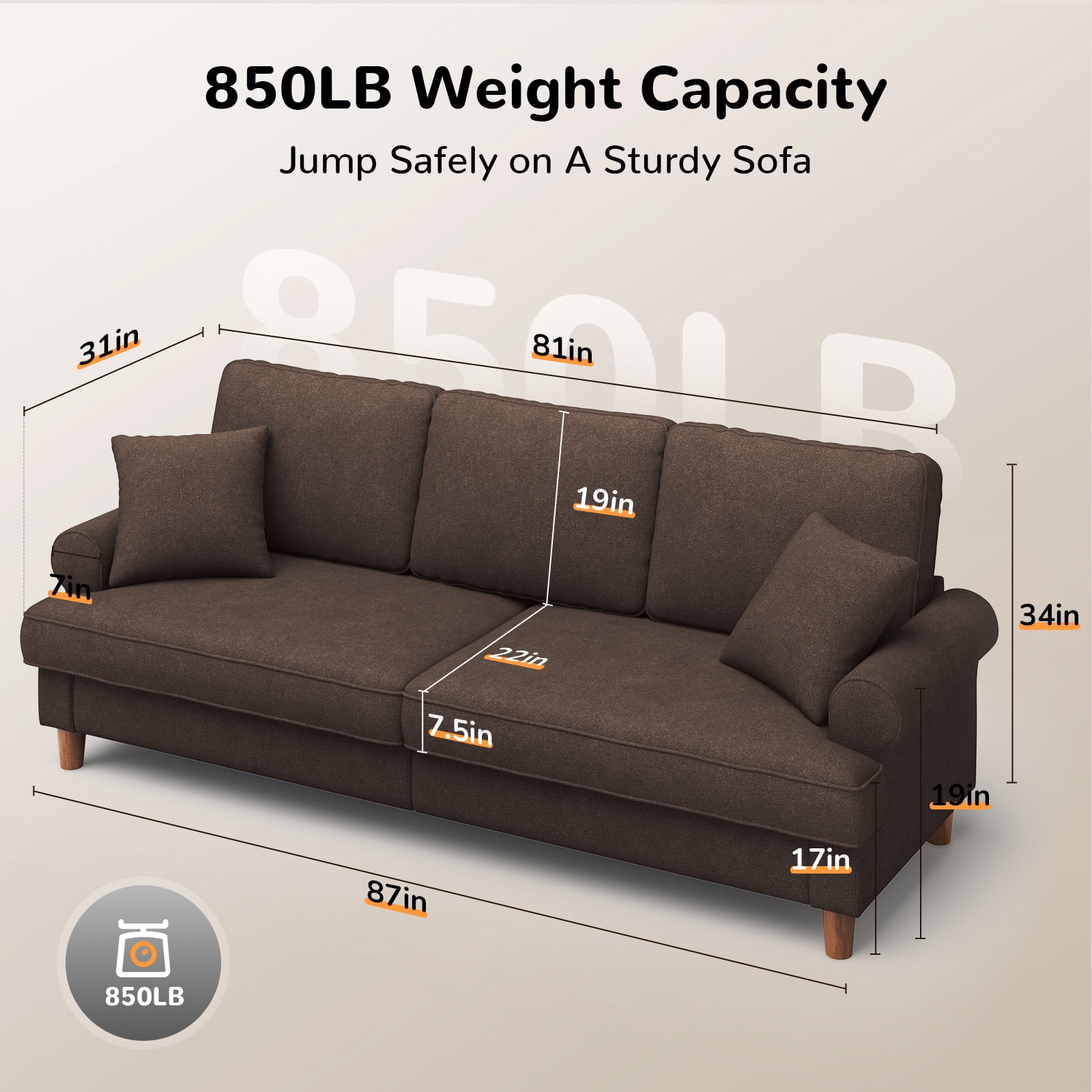 Patbrela 87" Sofa Couch, Comfy Extra Deep Seat 3 Seater Couch for Living Room with Soft Upholstered Round Arms, Free 2 Pillows, Brown