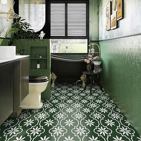 MORCART Peel and Stick Floor Tile, Vinyl Flooring Waterproof, DIY Flooring for Bathroom, Kitchen, Fireplace, Pet House, Stairs, Bedrooms, Wall (20PCS,7.87" x 7.87",Dark green+white)