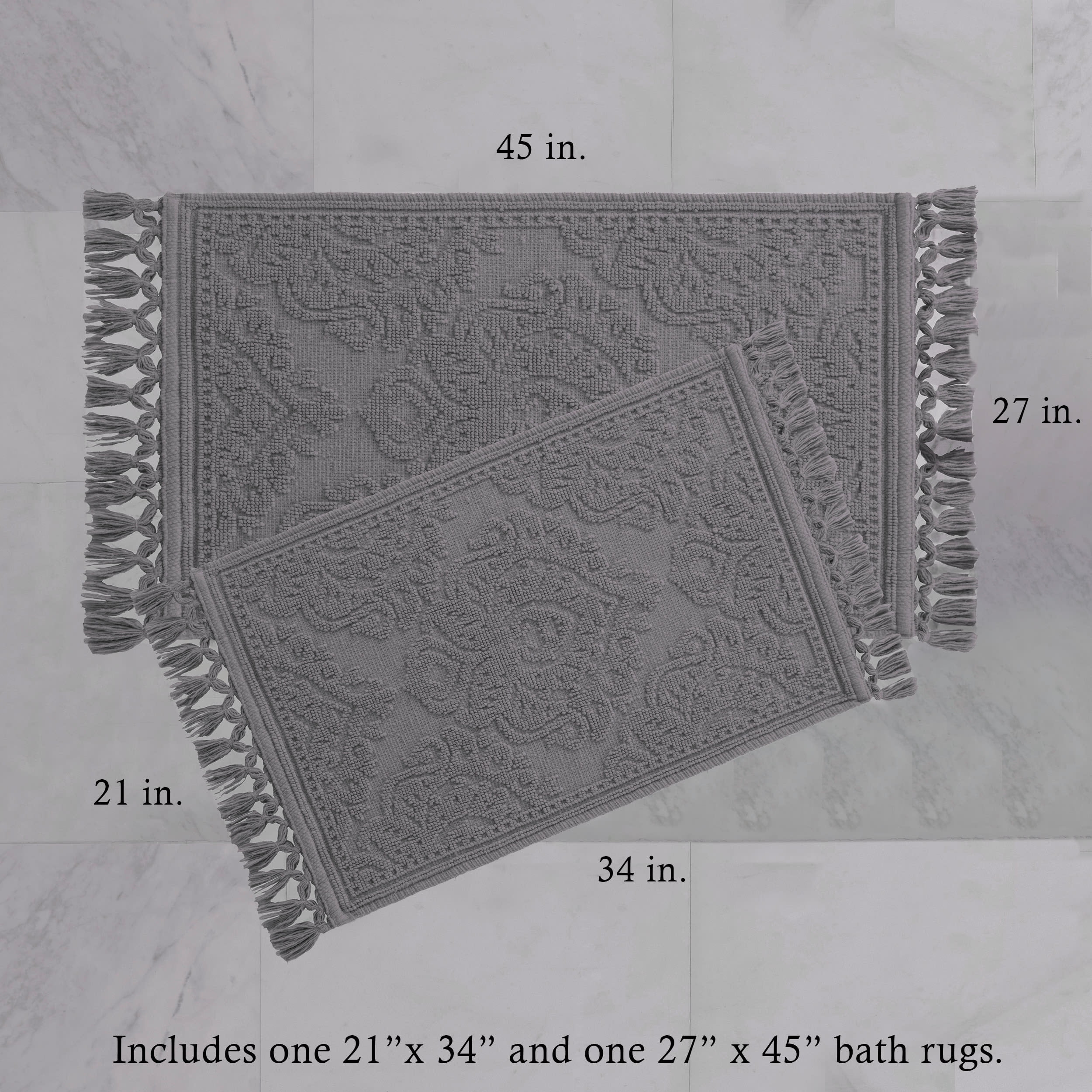 Jean Pierre Ricardo Cotton Fringe 2-Piece Bath Rug Set, Dark Grey