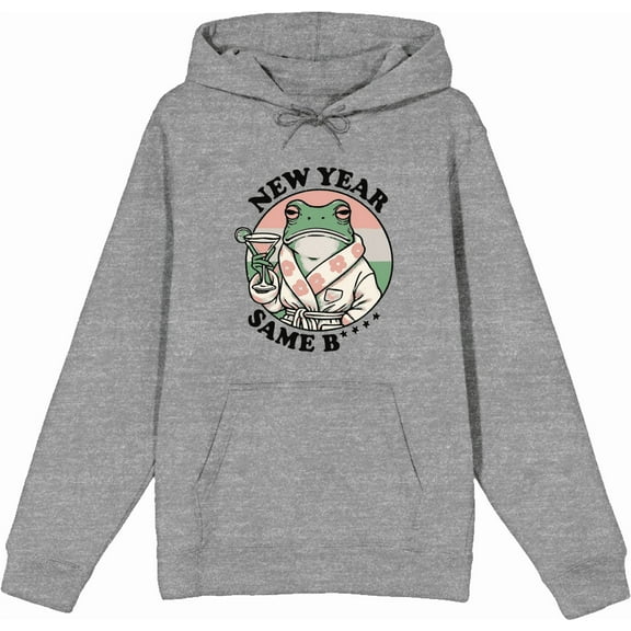 New Year, Same B**** Frog With Cocktail Adult Heather Gray Long Sleeve Hoodie-Medium
