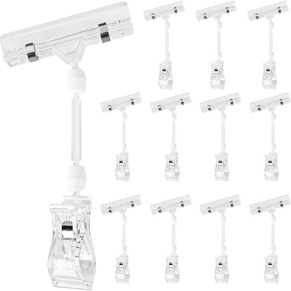 NOGIS Clear Sign Clips on Merchandise Display 18 Pack Plastic Label Clips on Sign Holder Shelf Double Sided Swivel Price Tag Clips on Clothing Rack Signs Rotatable for Sale Retail Display