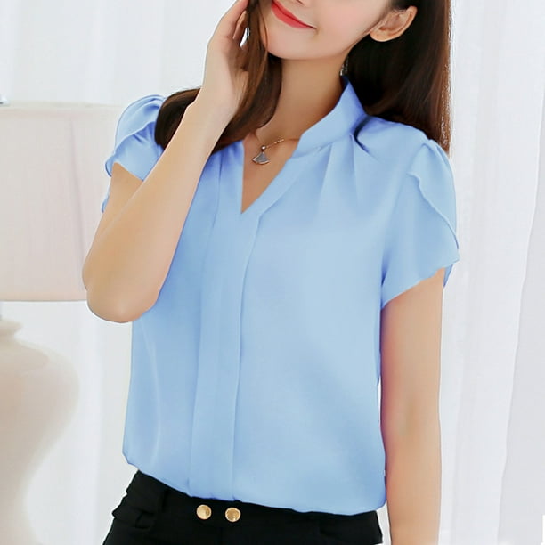 Vivilli Women Short Sleeve Tops and Blouses Business Casual Office Clothing  Dressy V Neck Polo Shirts Womens Collared Blouses for Work Lightweight  Polyester Tunics Adobe Rose M at  Women's Clothing store