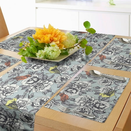 

Rose Table Runner & Placemats Engraved Style Floral Blooms Pattern of Birds Romantic Vintage Print Set for Dining Table Decor Placemat 4 pcs + Runner 12 x72 Blue Grey and Multicolor by Ambesonne
