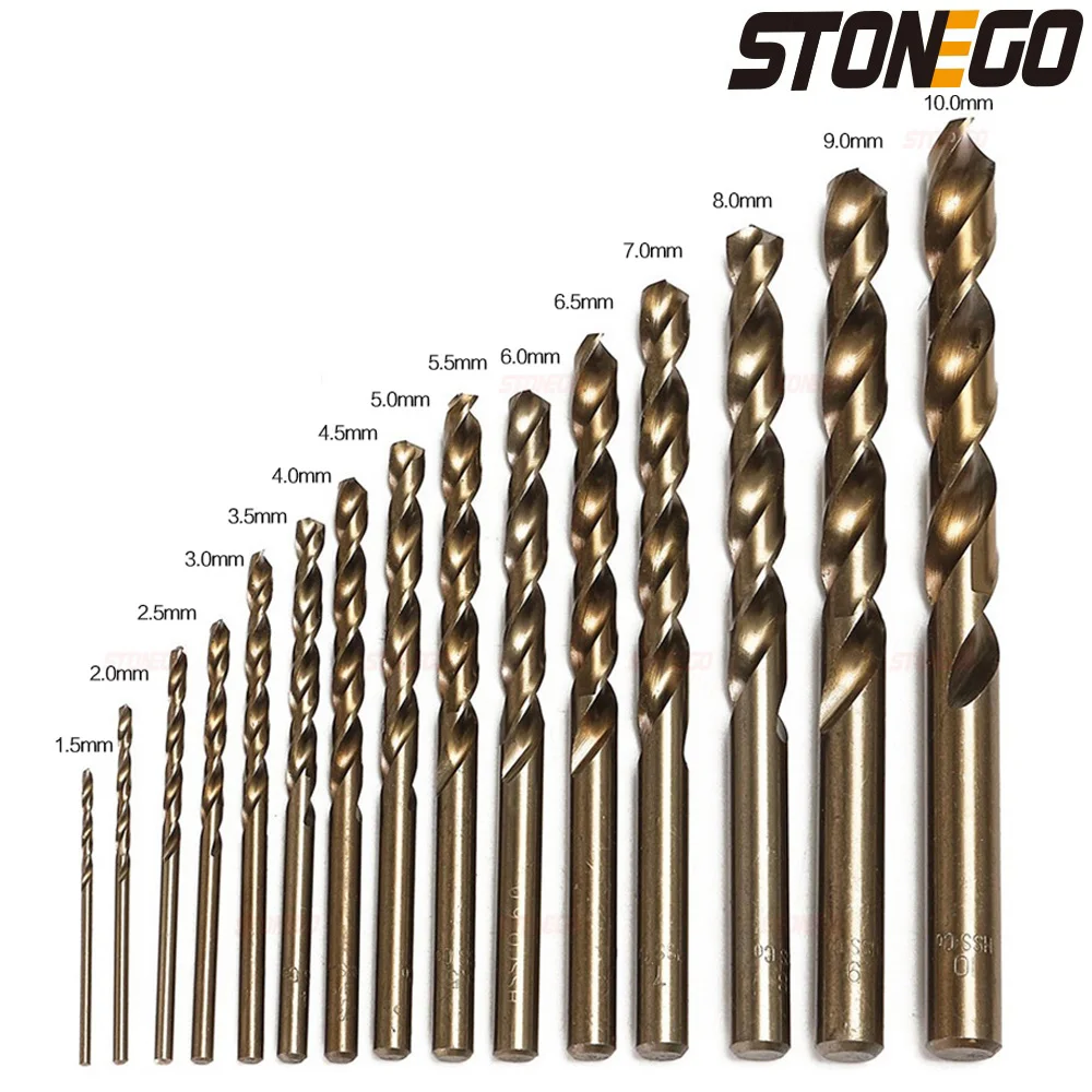 STONEGO 15PCS Cobalt Drill Bits Set - 1.5-10mm M35 HSS Co Steel, Straight Shank Twist Drill Bits for Precision Metal and Woodworking Projects, High Durability and Sharpness