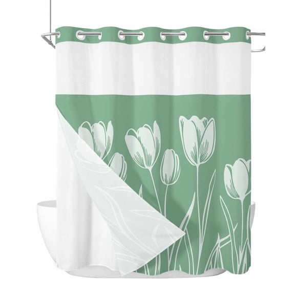 No Hook Shower Curtain with Snap in Liner Green Flower Shower Curtain -Fabric Waterproof Inner Liner, Flower Shower Curtains Washable 66"x72"