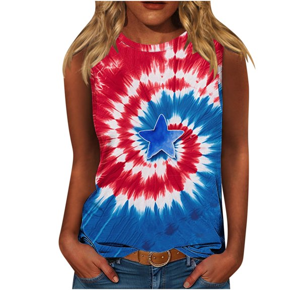 Women's Red White and Blue Star Print Tank Top Summer Loose Crew Neck Sleeveless Tees Patriotic Independence Day Festival Top Multicolor