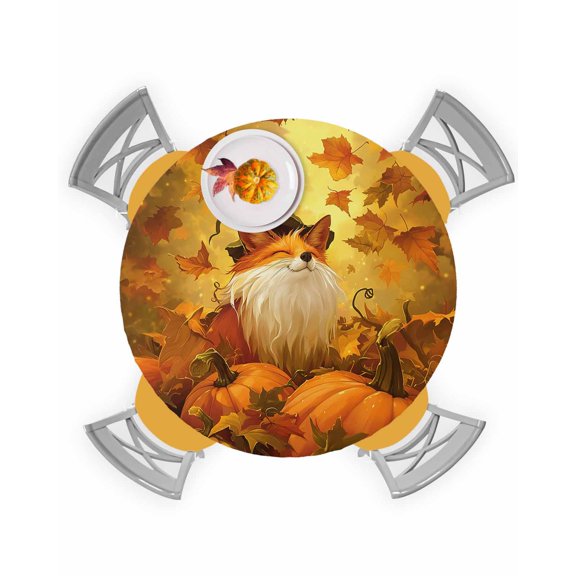 Round Fitted Tablecloths Autumn Fox and Maple Leaves Waterproof Table Cover for Kitchen Dining Party Thanksgiving Orange Pumpkin Harvest,36"-44"