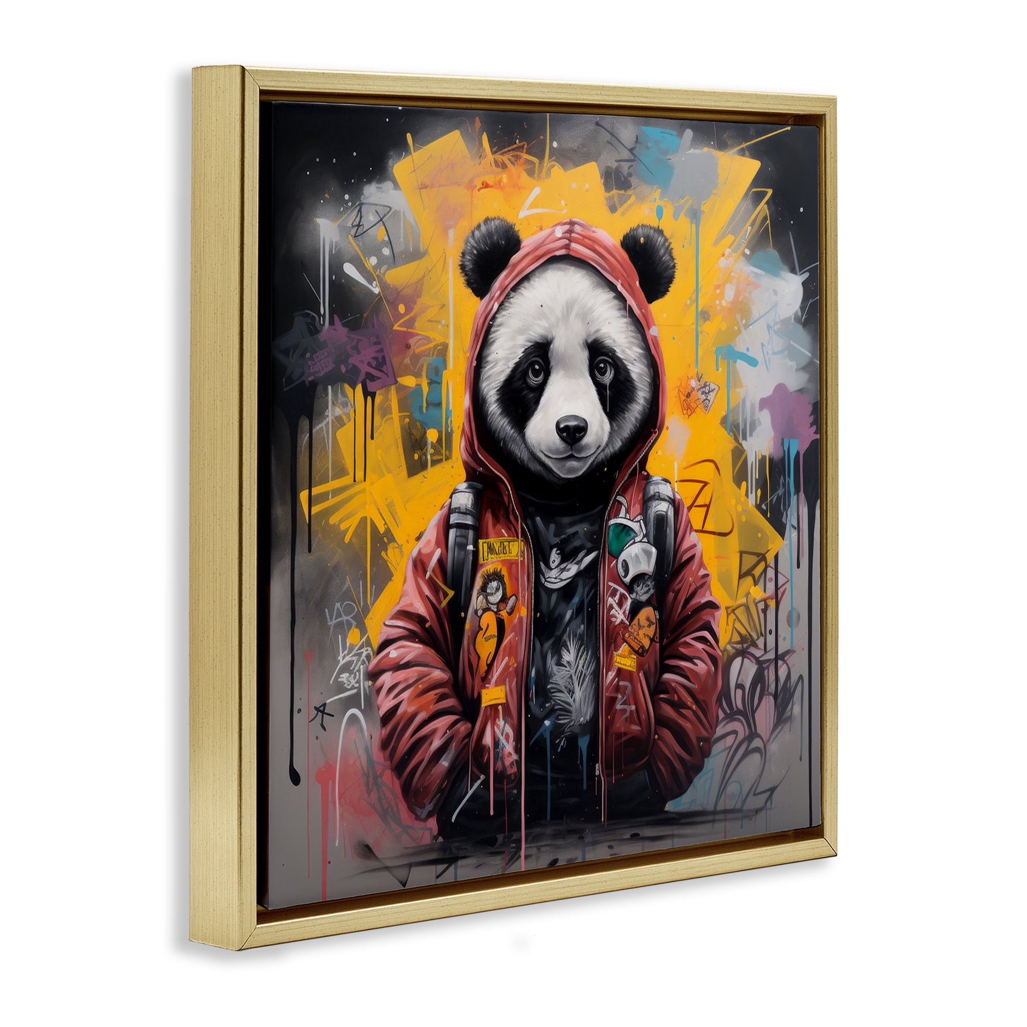 Stupell Industries Urban Graffiti Panda Bear Animals & Insects Painting Gold Floater Framed Canvas Art Print Wall Art, 18 x 18