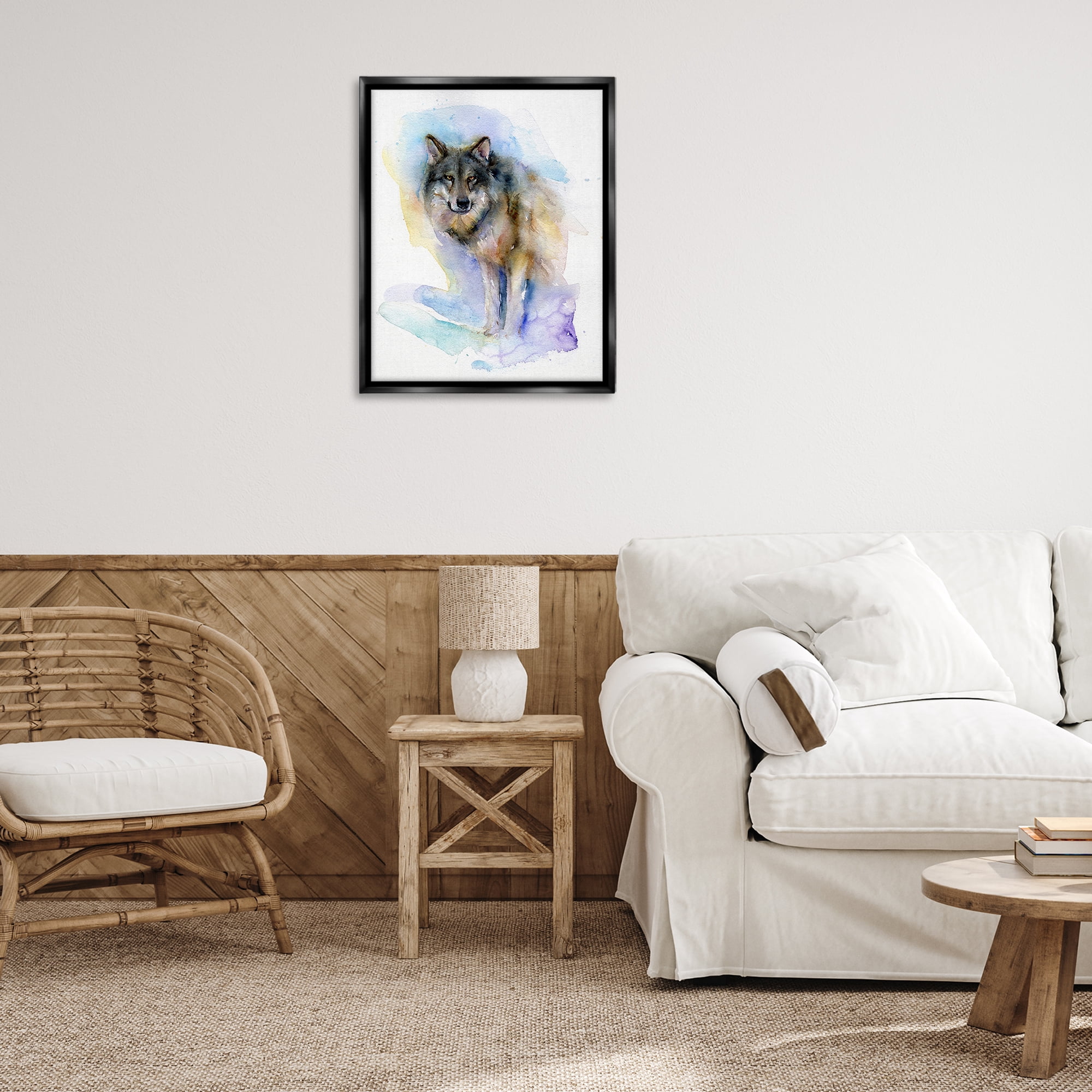 Stupell Industries Watercolor Wolf in Snow Animals & Insects Painting Black Floater Framed Canvas Art Print Wall Art, 25 x 31