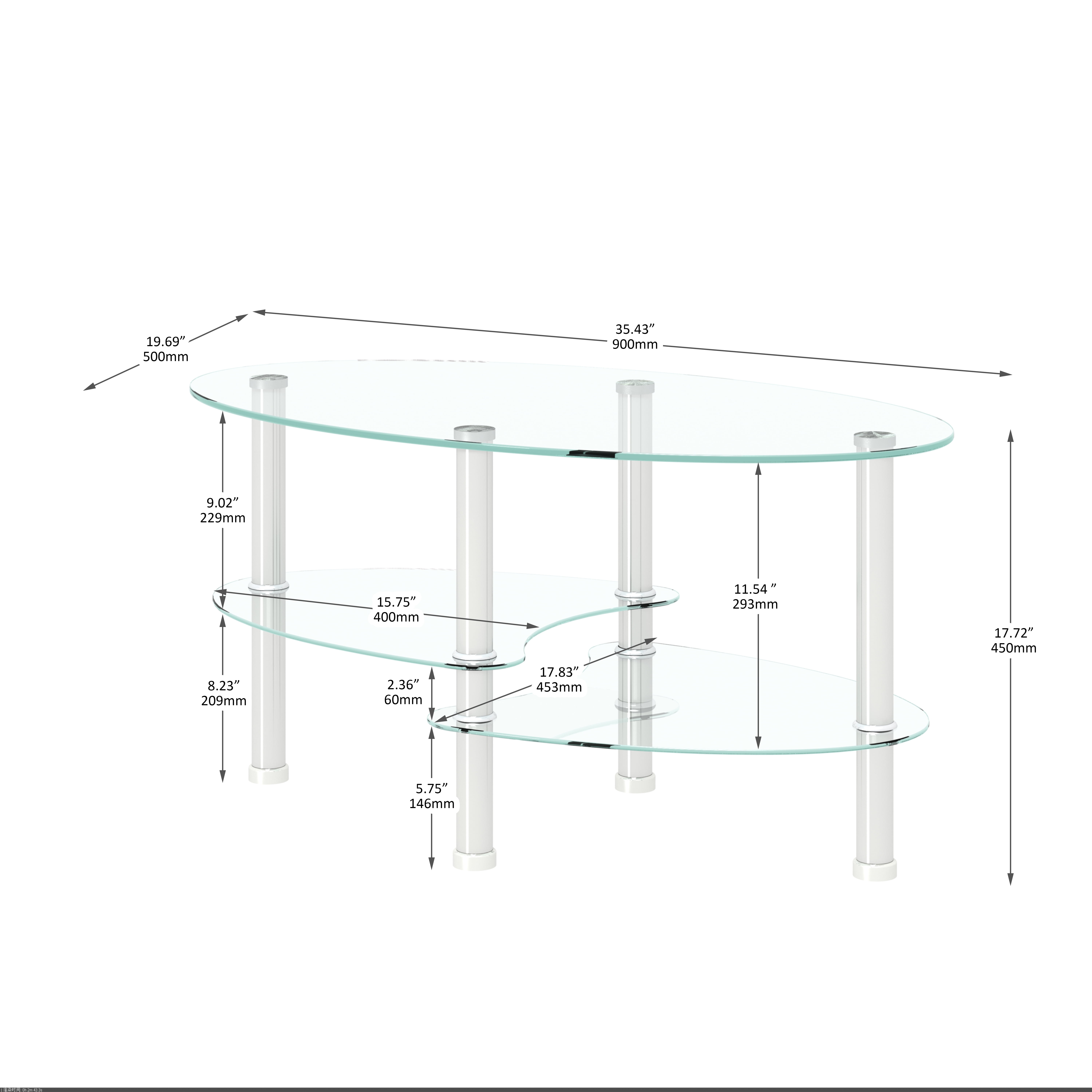 Yardi Yard Modern Oval 2-Tier Tempered Glass Coffee Table with Storage Side Shelf and Metal Legs for Living Room Clear