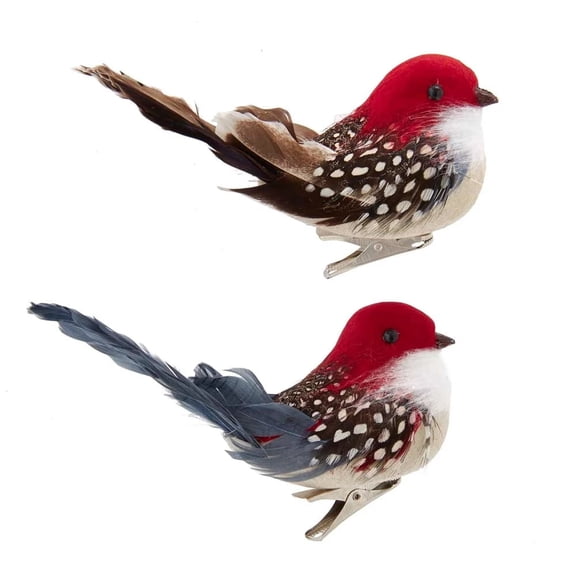 Set of 2 Brown & Gray Birds with Red Heads Clip-On Ornaments, by Kurt Adler