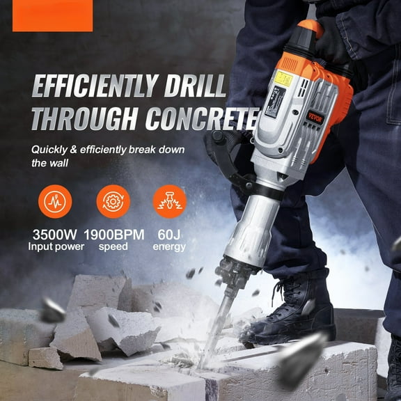 3500W Demolition Jack Hammer – Electric Concrete Breaker with 2 Chisel Bits, 60J Impact Energy, Heavy-Duty Industrial-Grade Tool for Demolition, Trenching & Chipping