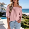 thumbnail image 5 of Tqcoqu Women's Solid Off Shoulder Ruffle Elastic 3/4 Puff Sleeve Blouse,Loose Flowy Summer Casual Pullover Top,Pink Women's S-XXL, 5 of 8
