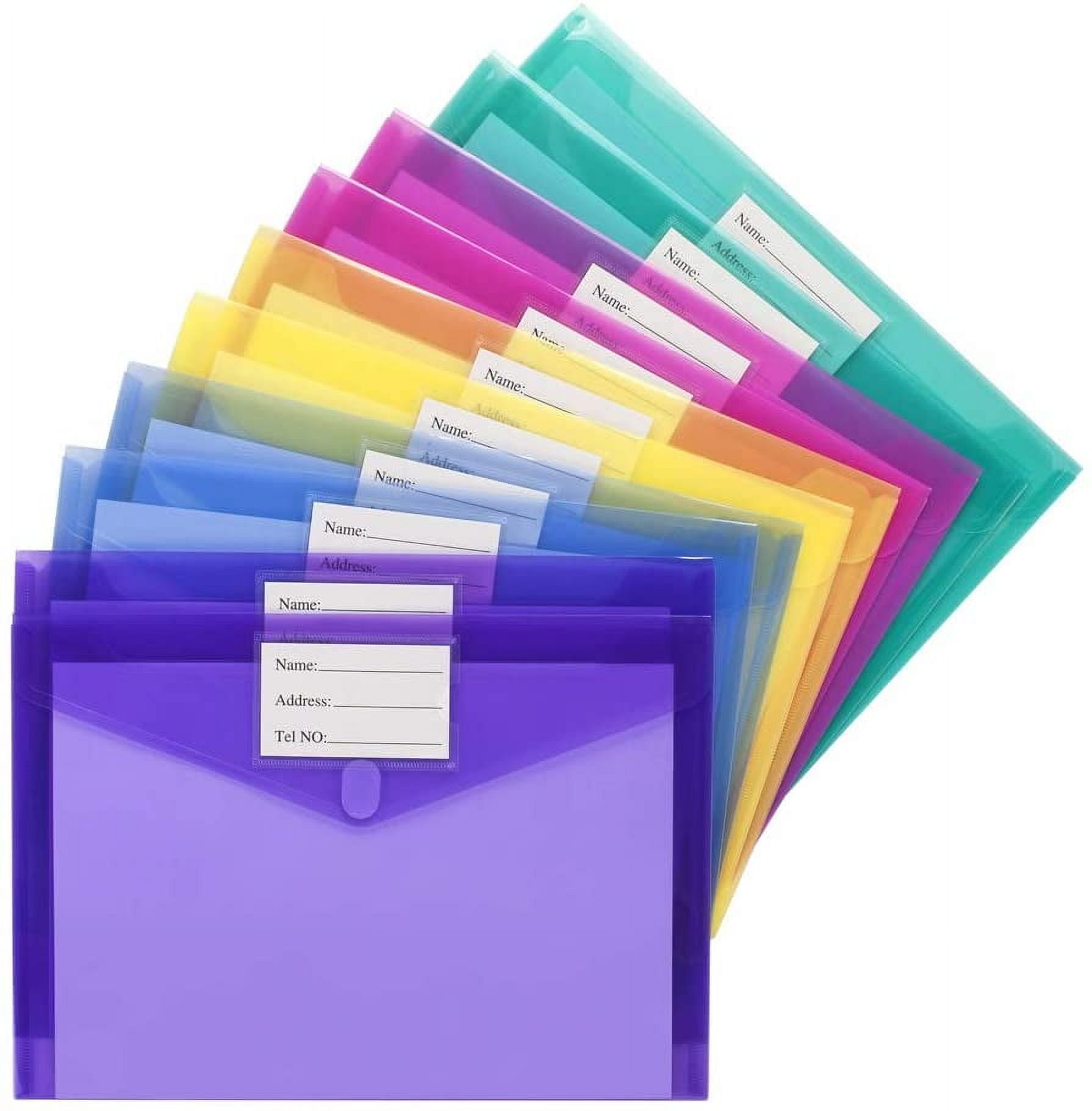 10 Pack File Folders, Clear Poly Envelopes Plastic Folders, Folder for Documents Letter A4 Size with Label Pocket, Teacher School Office Supplies Organization Storage, Assorted Color