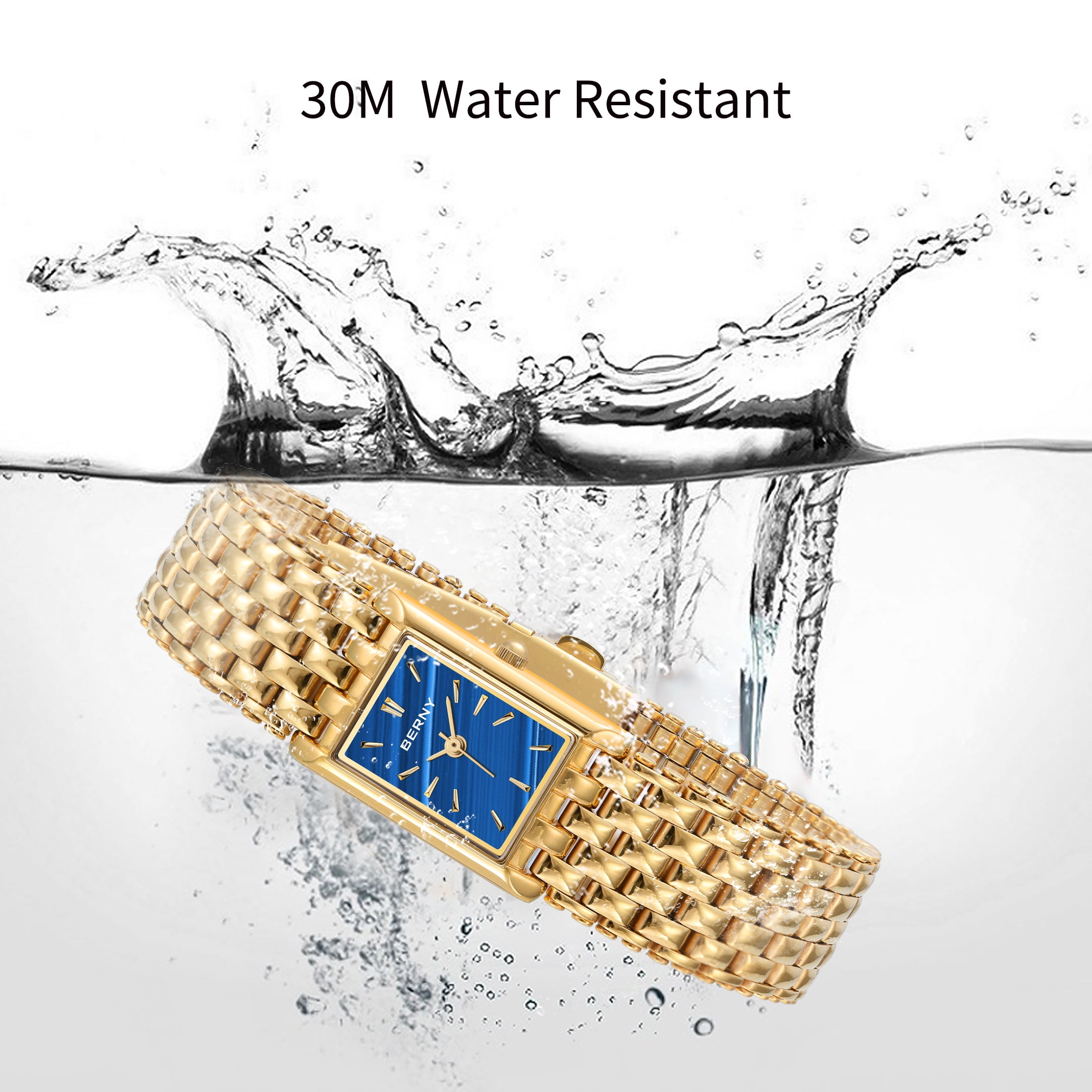 BERNY Women's Classic Gold Tone Square Quartz Watch, Stainless Steel Bracelet Band, 3ATM Water Resistant, Waterproof Watch Mother's Day Gift for Women (Blue)