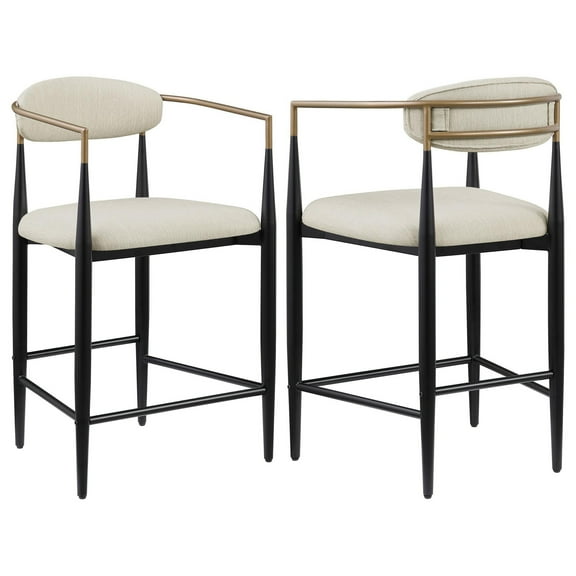 Tiara Counter Height Chair Set of 2, Beige Fabric, Black Metal 25 Inch