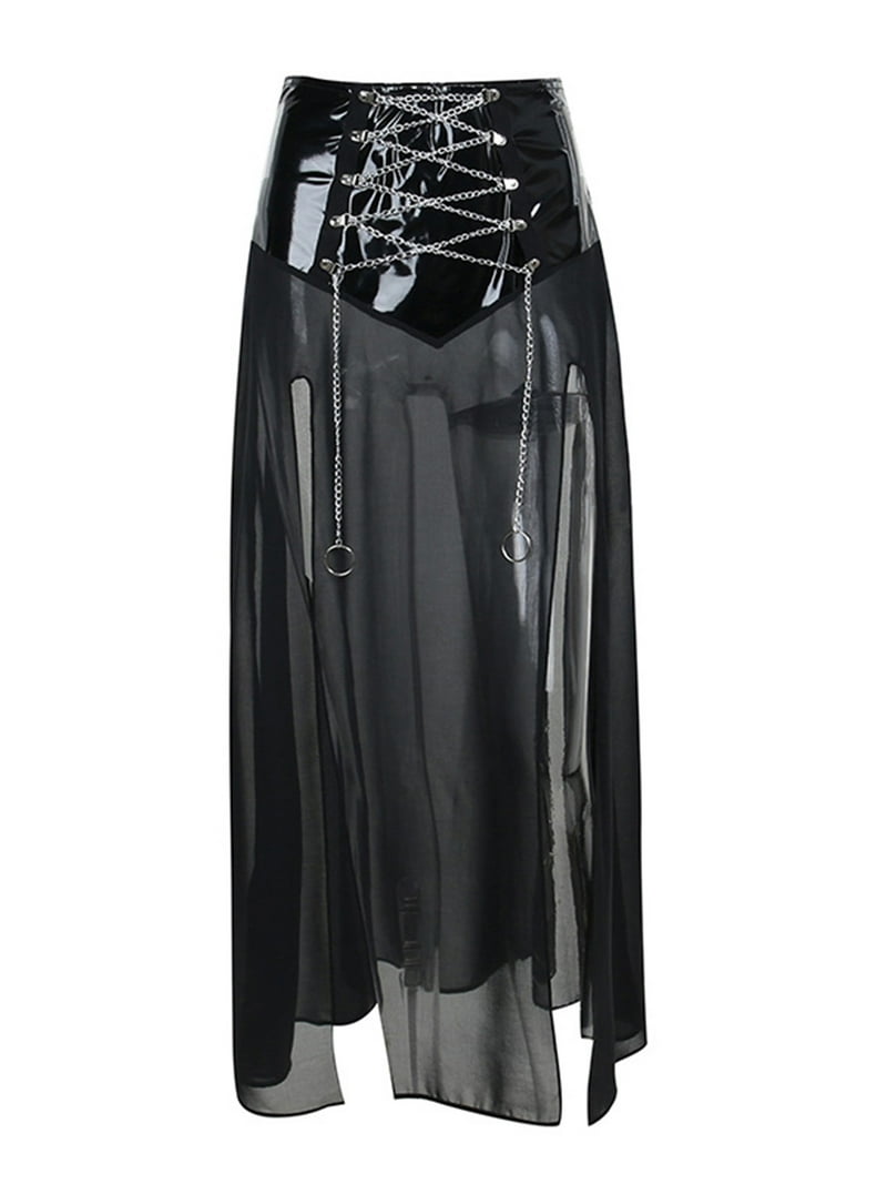 Inevnen Goth Double Slit Maxi Skirt for Women Punk Black See