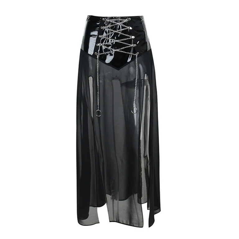 Nokiwiqis Women Fashion Gothic Long Skirt Mesh See Through Cross
