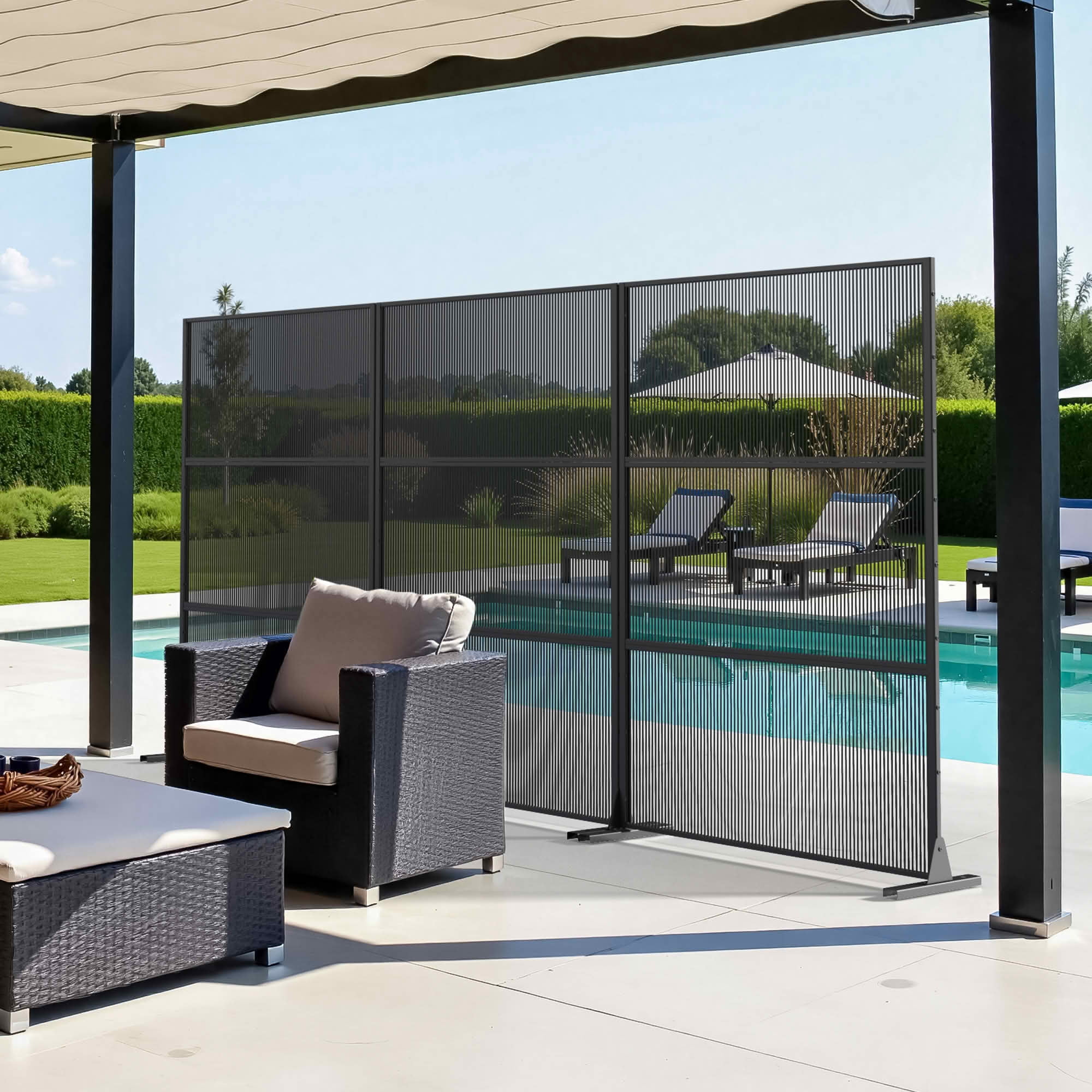 MAYEERTY 72x47x16 Inch Black Rattan Vertical Stripe Privacy Screen, 3 Piece Set for Outdoor Patio
