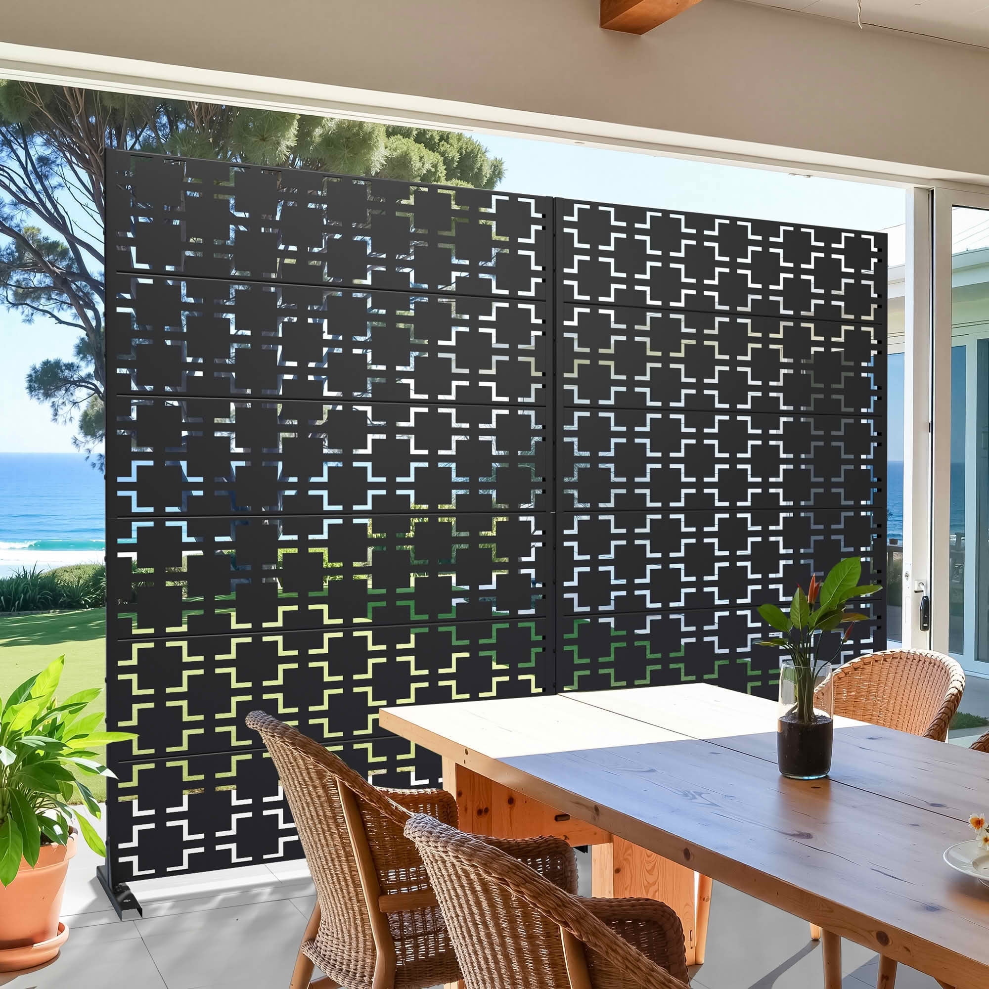 MAYEERTY 72x47x16 Inch Black Galvanized Steel Privacy Screen, 6 Piece Double Sided Set for Outdoor Garden