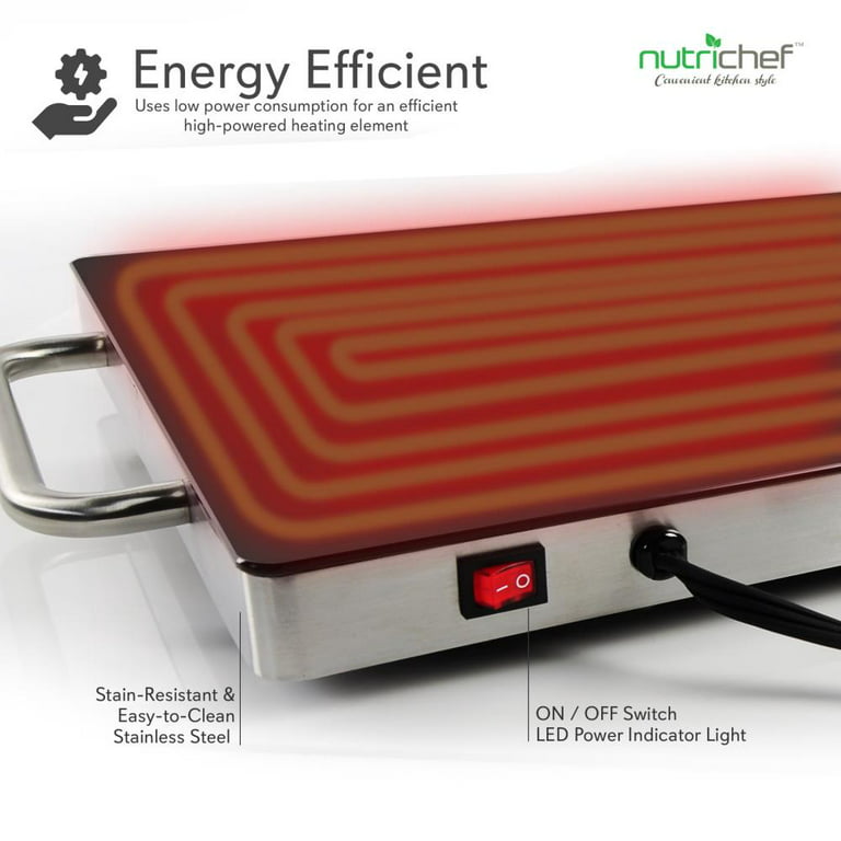 NutriChef Portable Electric Food Hot Plate-Stainless Steel Warming  Tray&Dish Warmer with Black Glass Top-Keep Food Warm for