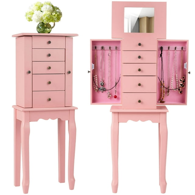 Costway Jewelry Cabinet with Mirror Armoire Storage Chest Stand Organizer Christmas Pink