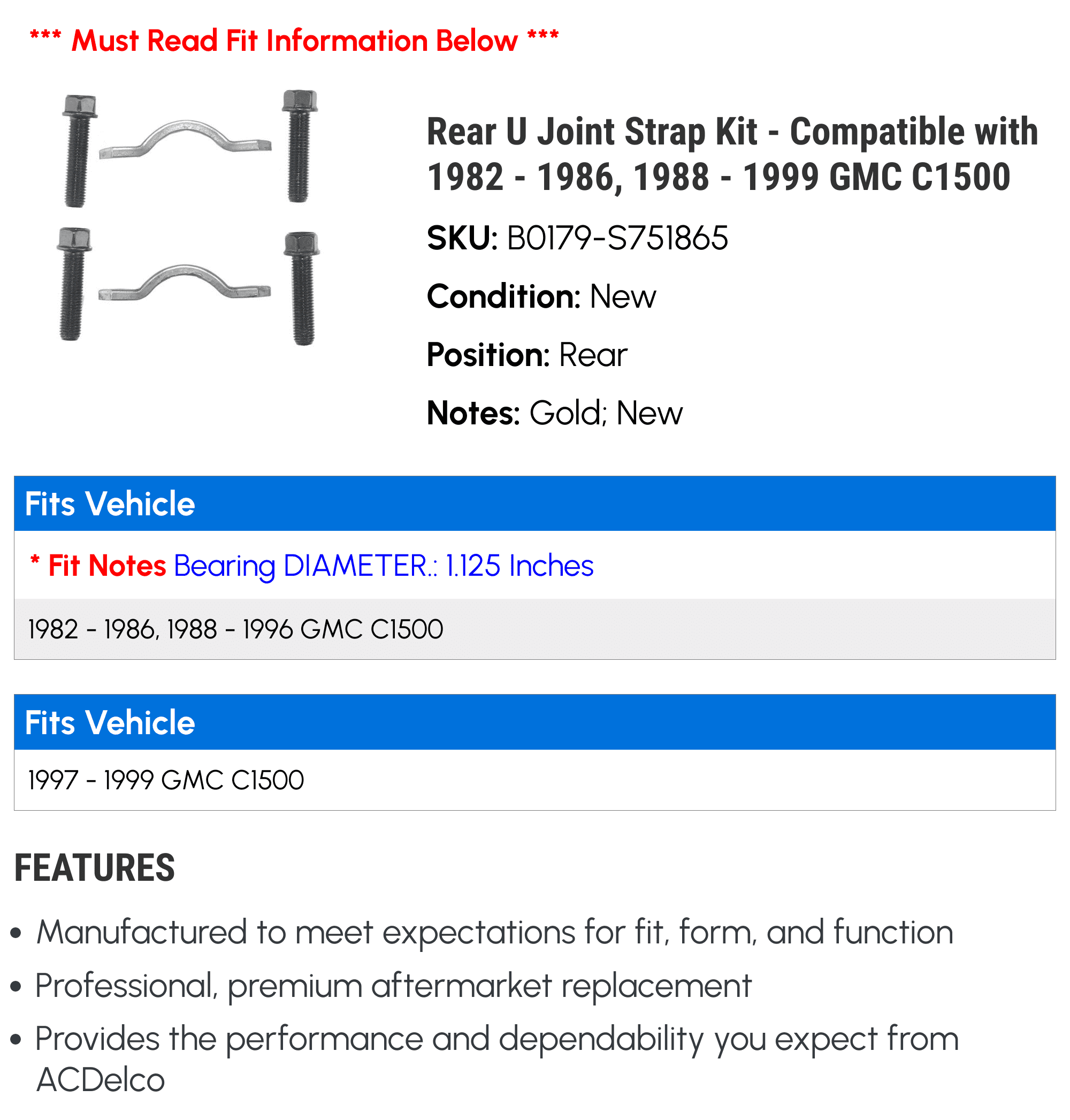 Rear U Joint Strap Kit - Compatible with 1982 - 1986, 1988 - 1999 GMC C1500 - AC Delco