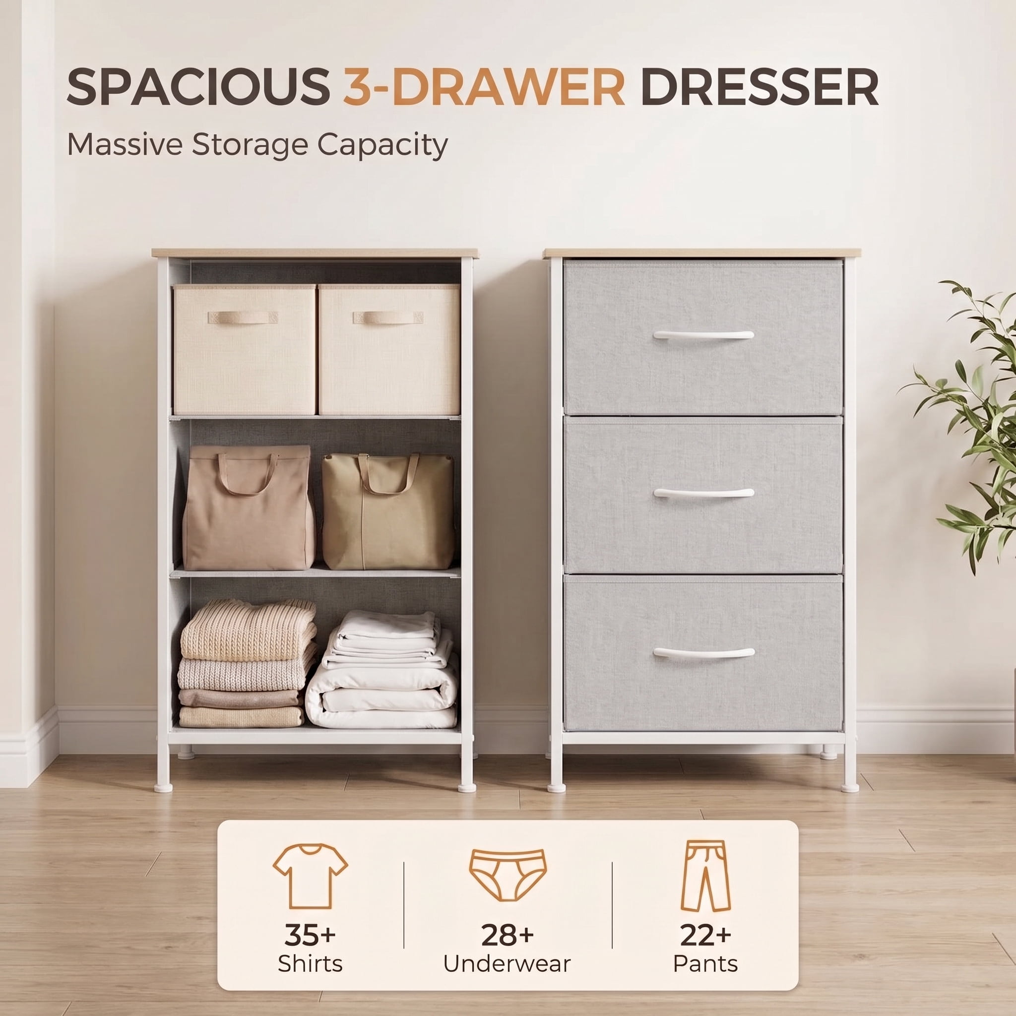 TrumanPick Fabric Storage Drawer Bedroom Dresser, Fabric Dresser for Closet, 3 Fabric Dresser with 3 Storage Drawers for Clothes, Living Room, Hallway, Entryway, Gray
