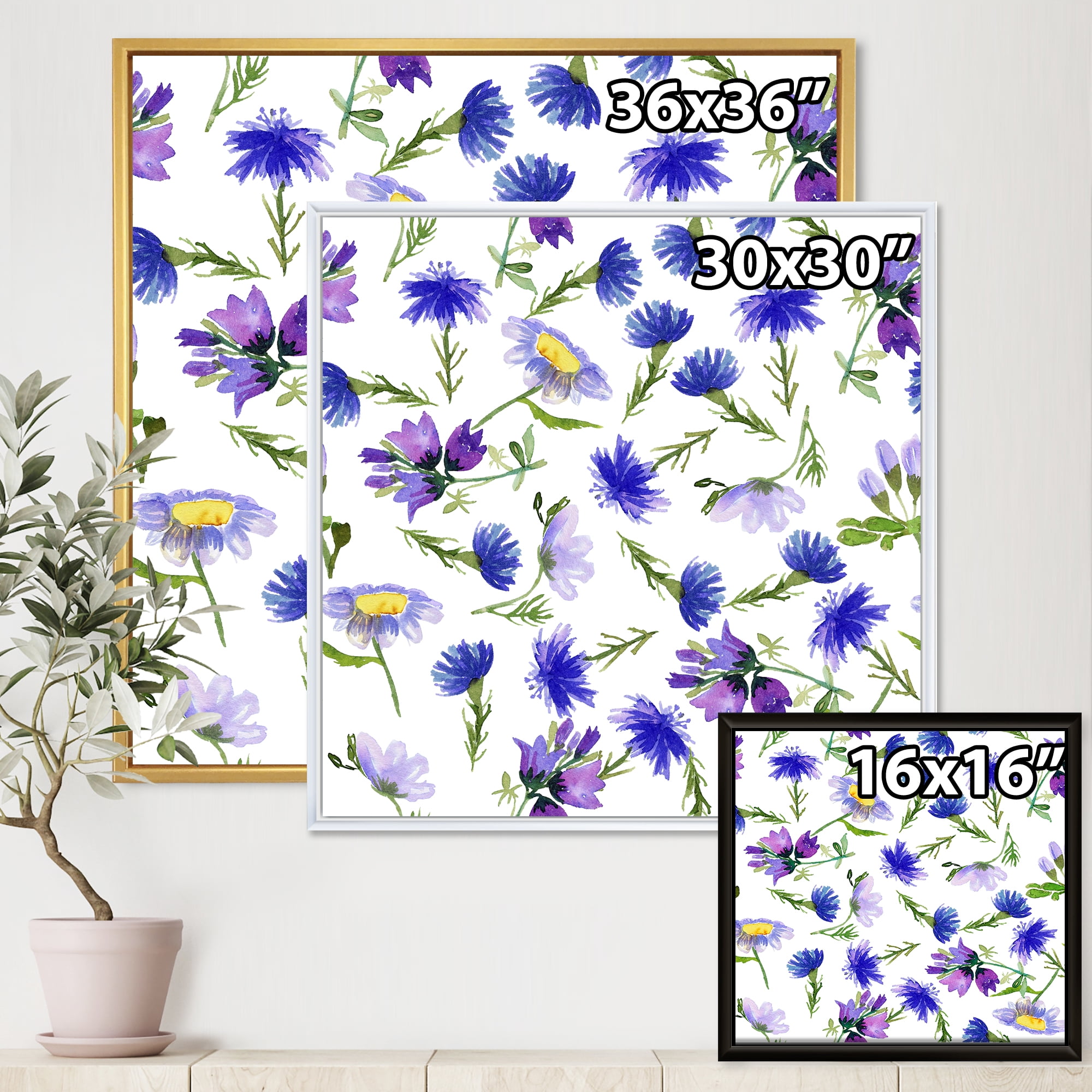 Blue Wildflowers With Leaves III 36 in x 36 in Framed Painting Canvas Art Print, by Designart