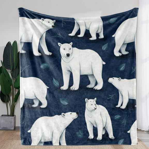 1pc Sdoo Vintage Polar Bear Print Flannel Blanket - Soft Warm All-Season Throw with Deep Blue Background & White Bears, 2D Flat Design for Sofa Bed Car Office Camping Travel, Cozy Gift for Home & Out
