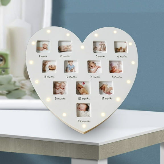 First Year Baby Picture Frame Baby Keepsake Frame with LED Light Hold Twelve 1.6×1.6in Newborn Nursery Decor Photos Battery Powered 12 Month Milestone Photo Frame for New Mom Dad