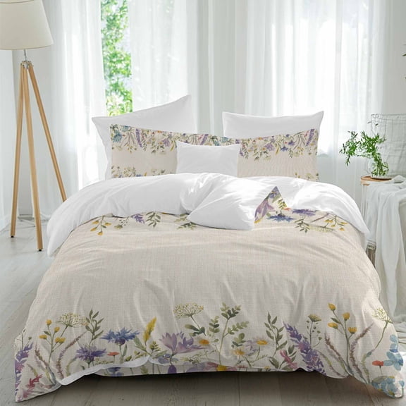 White Daisy Full Size Comforter Set, Colorful Flower Lavender Vintage Linen Bedding for All Seasons, 4 Pcs Bed Set, 1Quiltcover (86"x86") ,1Sheet(80"x116"), 2Pillowcases (30"x20")