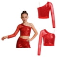 thumbnail image 3 of Aislor Girls One Shoulder Long Sleeve Sequins Crop Top Athletic Shirts Jazz Hip-hop Dancewear Size 6-16 Red 10, 3 of 7