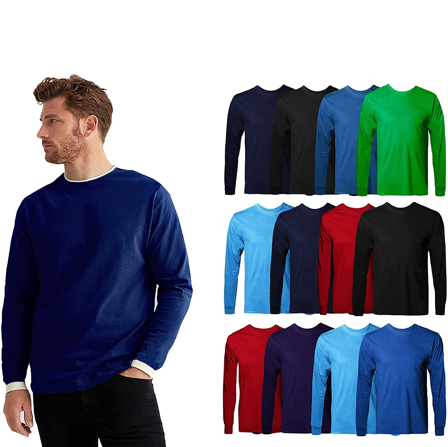 SOCKS'NBULK Mens Long Sleeve Colorful T-Shirts, 100% Cotton - Crew Neck Bulk Tees For Wholesale Sleeved TShirt Packs (12 Pack Long Sleeve, Small) - Walmart.com