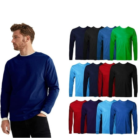 BILLIONHATS Mens Long Sleeve Colorful T-Shirts, 100% Cotton - Crew Neck Bulk Tees for Men, Wholesale Sleeved Tshirt Packs (12 Pack Long Sleeve, X-Large)