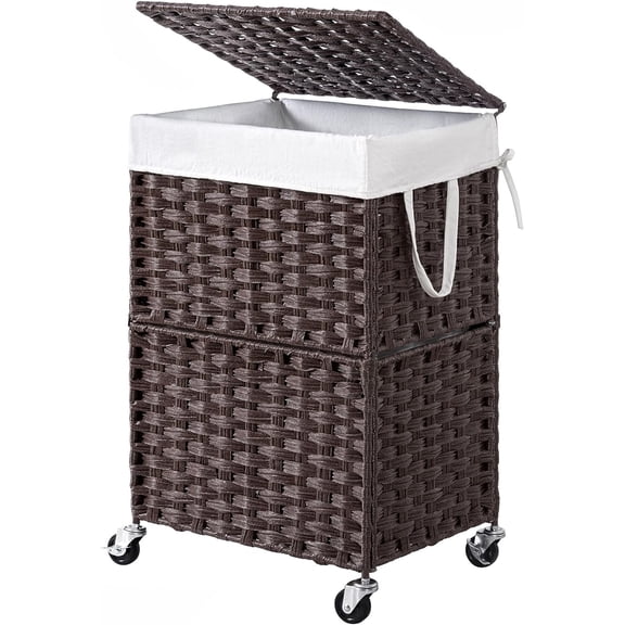 Wicker Laundry Basket with Wheels,Rolling Laundry Hamper with Lid | 90L Slim Clothes Hamper with Wheels & Removable Liner Bag, Handwoven Rattan Laundry Organizer for Bedroom, Bathroom, Brown