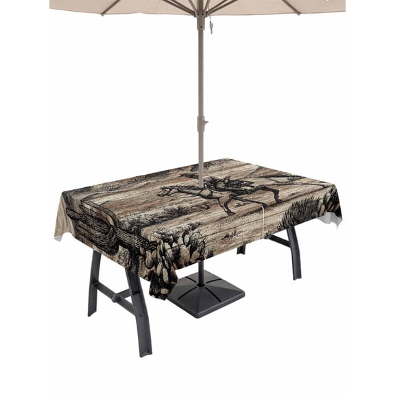 Outdoor Tablecloth with Umbrella Hole for Patio/Picnic/Party/Camping, Brown Western Farmhouse Waterproof Table Cloth Rectangle Table Cover Washable, Vintage Cowboys Cactus (60"x 120")