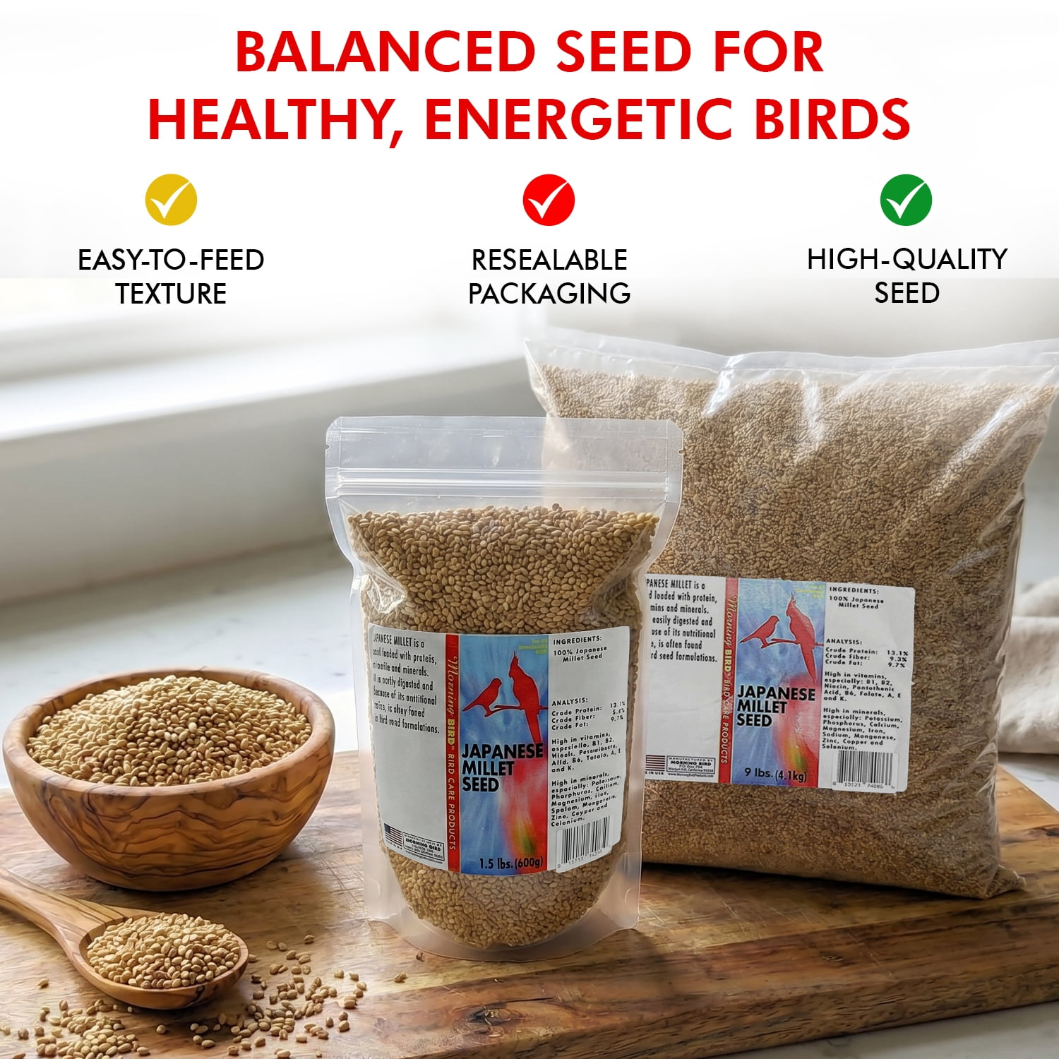 Morning Bird Japanese Millet Seed 4.5 lbs (3-Pack, 1.5 lbs Each) - Bird Food for Finches, Canaries & Parakeets – Natural Millet Seed for Daily Nutrition