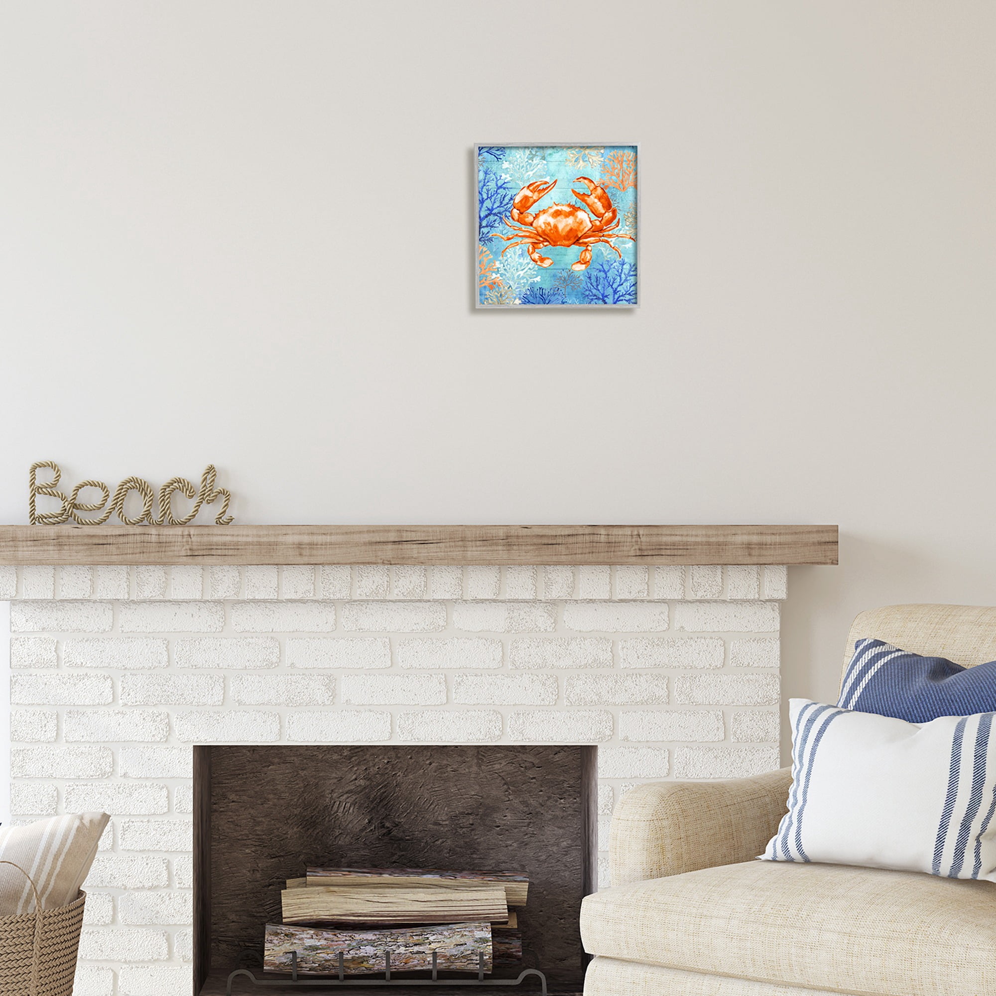 Stupell Industries Crab with Nautical Coral Animals & Insects Painting Gray Framed Art Print Wall Art, 12 x 12