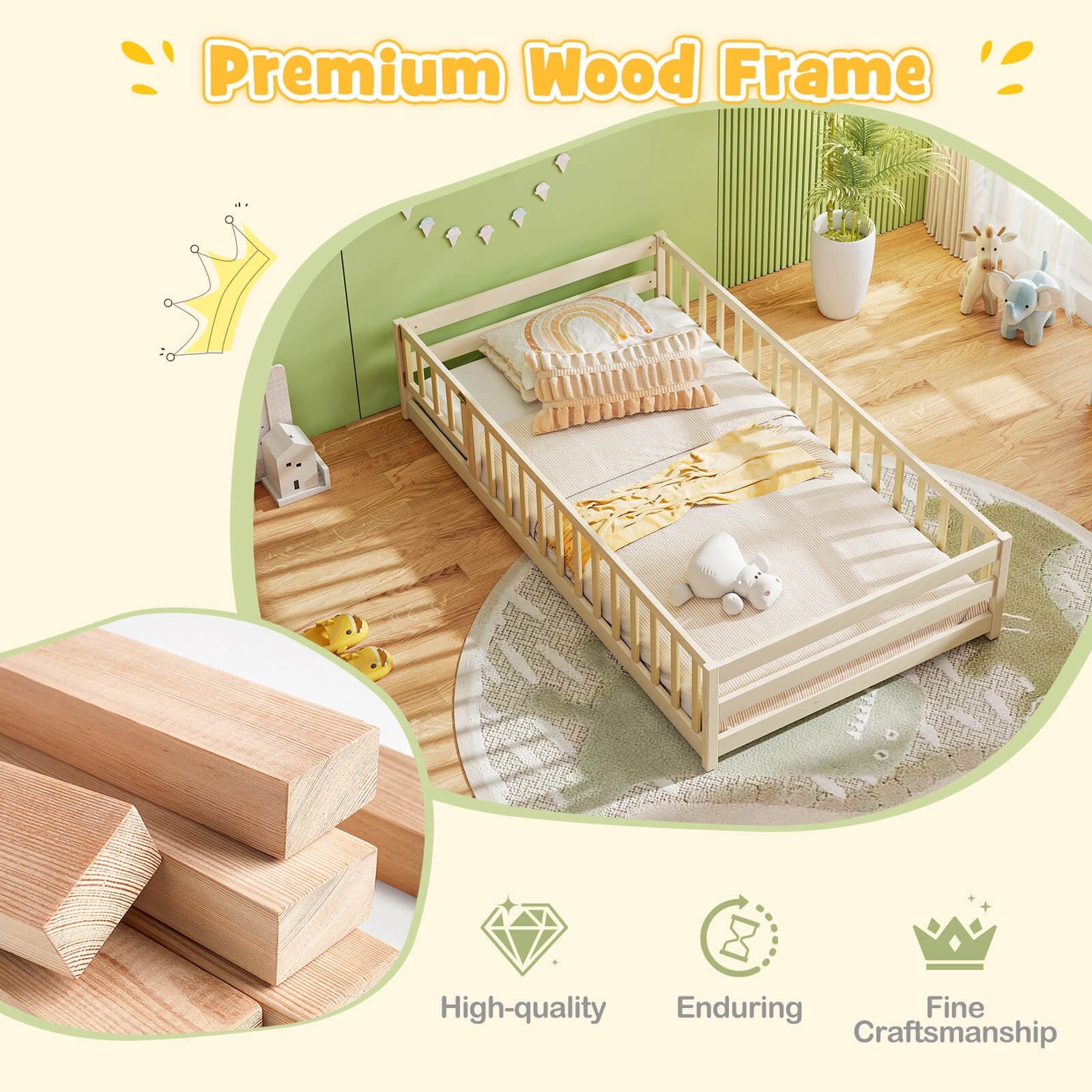 Costway Twin Size Floor Bed with Door & Fence with Safety Guardrails & Slats Support Beige