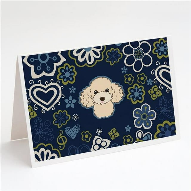 Blue Flowers Buff Poodle Greeting Cards & Envelopes - Pack of 8