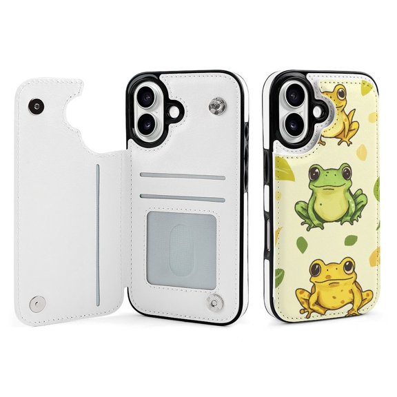 Compatible with iPhone 11 12 13 mini 14 15 16 Pro Max Plus Wallet Case with Card Holder, PU Leather Kickstand Card Slots Case ( Cute Frog, iPhone 16)