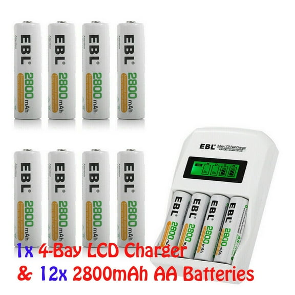 EBL Rechargeable AA Batteries with LCD Battery Charger, 12 Pack of 2800mAh Ni-MH AA Rechargeable Battery and Smart Battery Charger