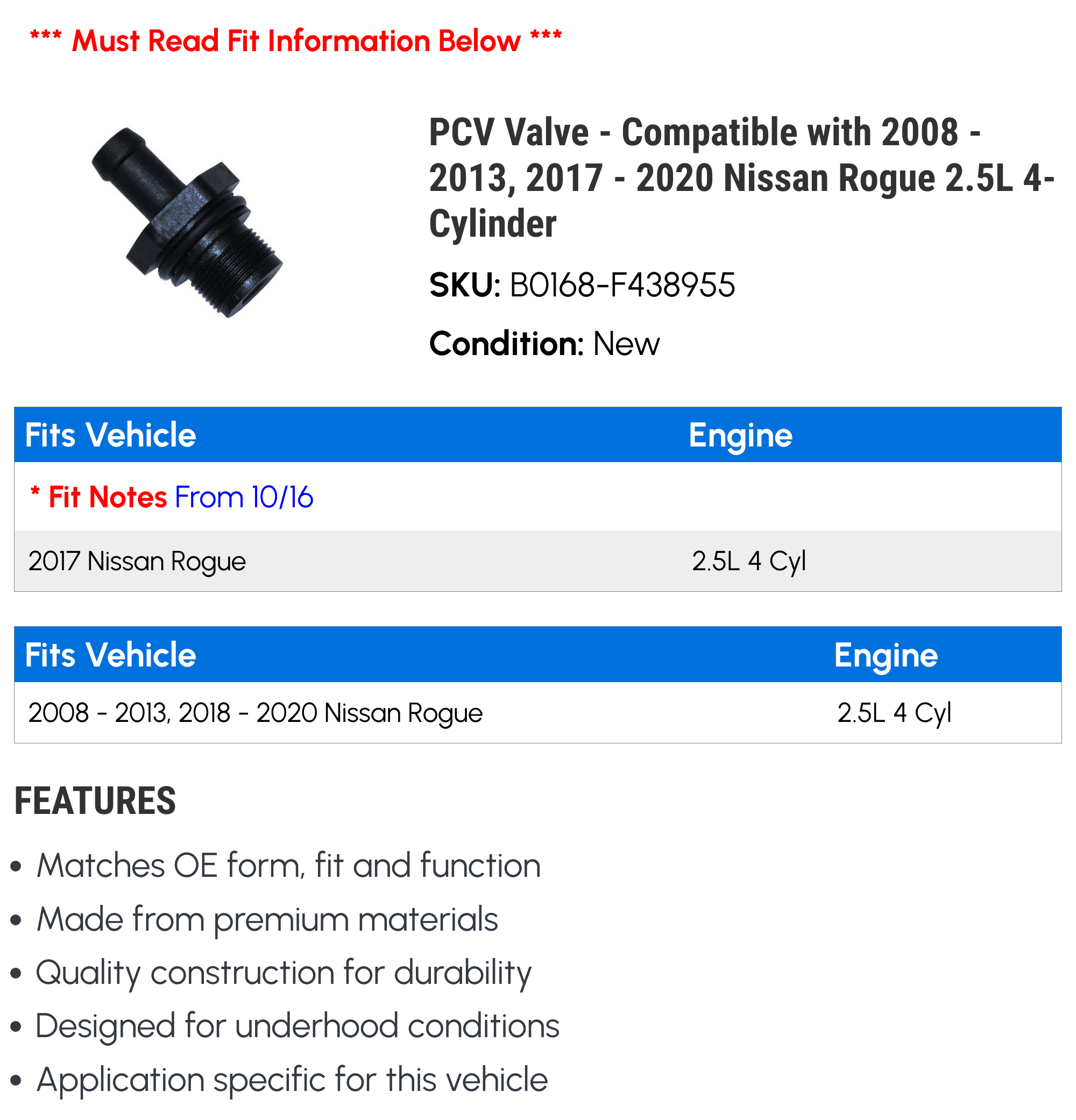 PCV Valve - Compatible with 2008 - 2013, 2017 - 2020 Nissan Rogue 2.5L 4-Cylinder 2009 2010 2011 2012 2018 2019