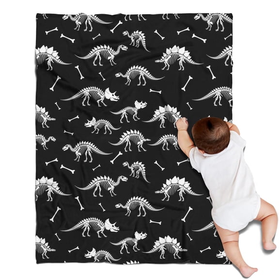 Black Cartoon Dinosaurs Skeletons Bones Pattern Blanket,Comfortable Soft Flannel Throw Blanket,All Season,Warm Lightweight Blankets for Sofa Bed Couch Living Room Chair,30"x40"