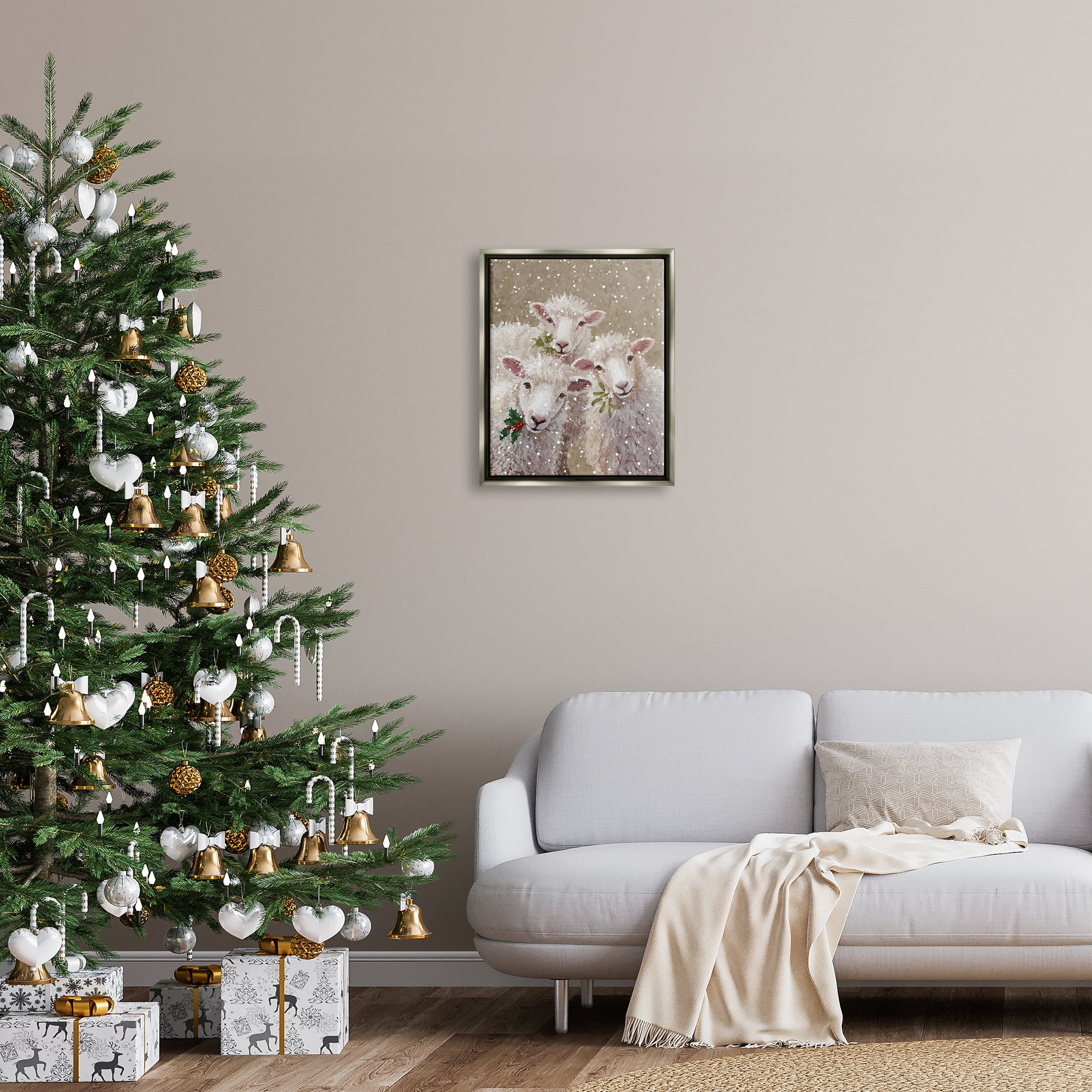 Stupell Industries Winter Sheep Trio Farm Animals Holiday Painting Gray Floater Framed Art Print Wall Art