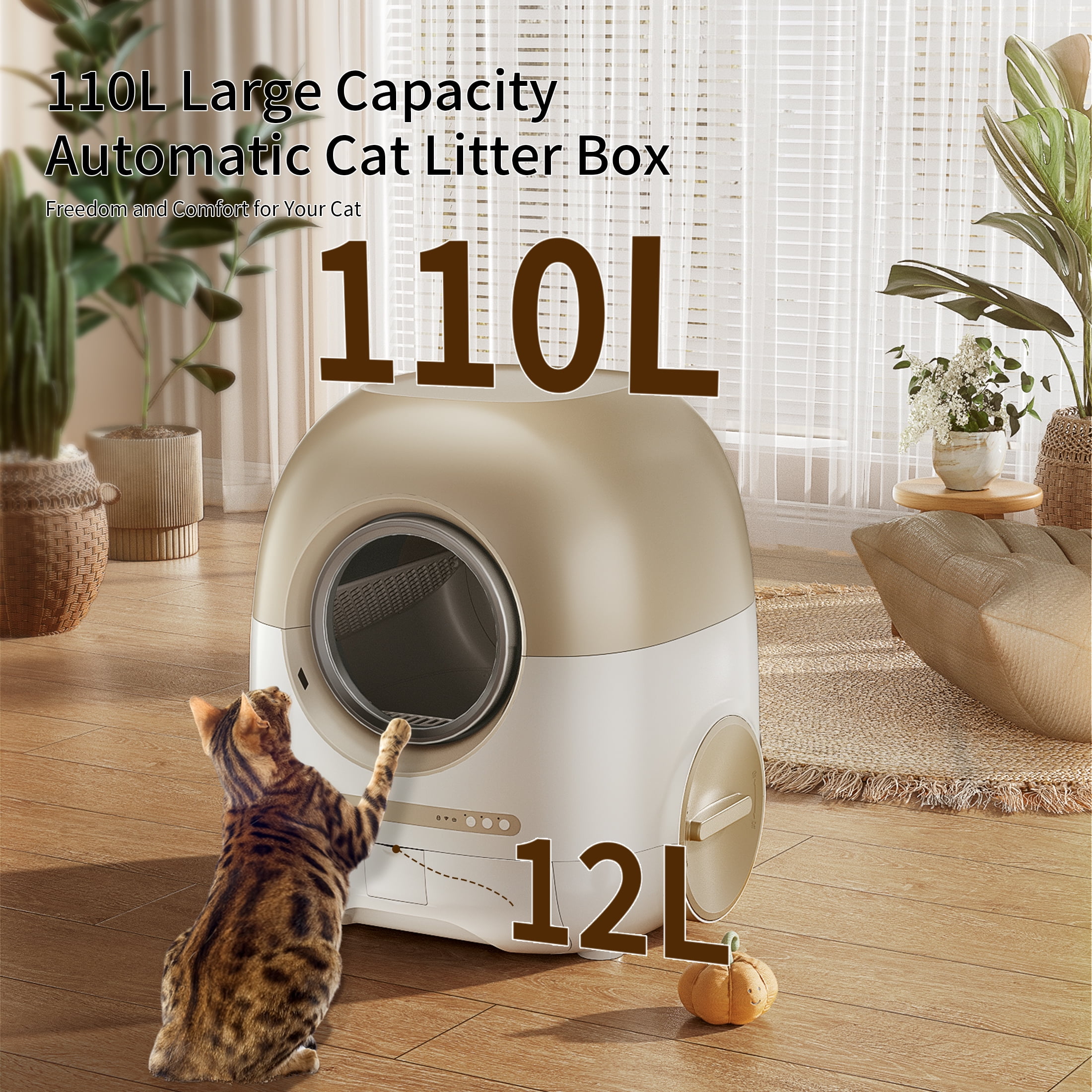 REDSASA Automatic Cat Litter Box, Self Cleaning Cat Litter Box with APP Control/Health Monitoring/Odor-Removal, Brown