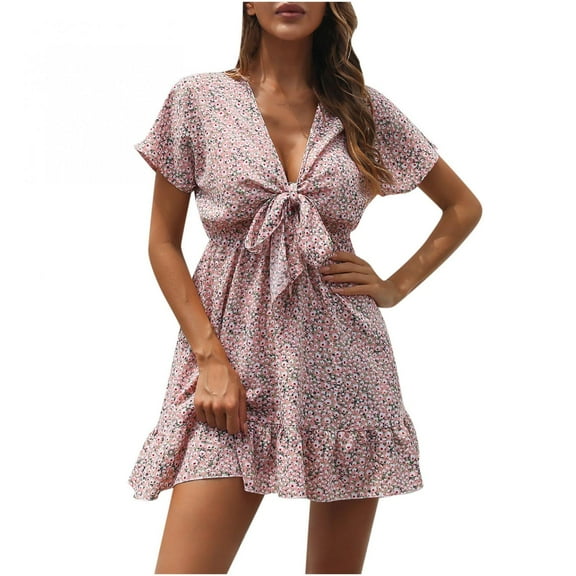 Herrnalise Women's Casual Sexy Fashion Summer Small Fragmented Ruffle Front Knotted Deep V-Neck Short Sleeve Floral Dress Deals